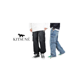 Maison Kitsune 메종키츠네 헤드폭스 밑단 스트링 와이드 데님 카고바지