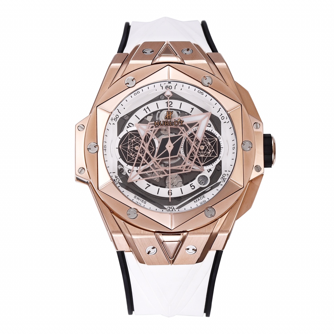 HUBLOT 위블로 빅뱅 상 블루 킹 크로노 골드 화이트 스트랩 418.OX.2001.RX.MXM20