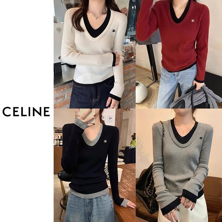 CELINE 셀린느 레이어드 브이넥 니트